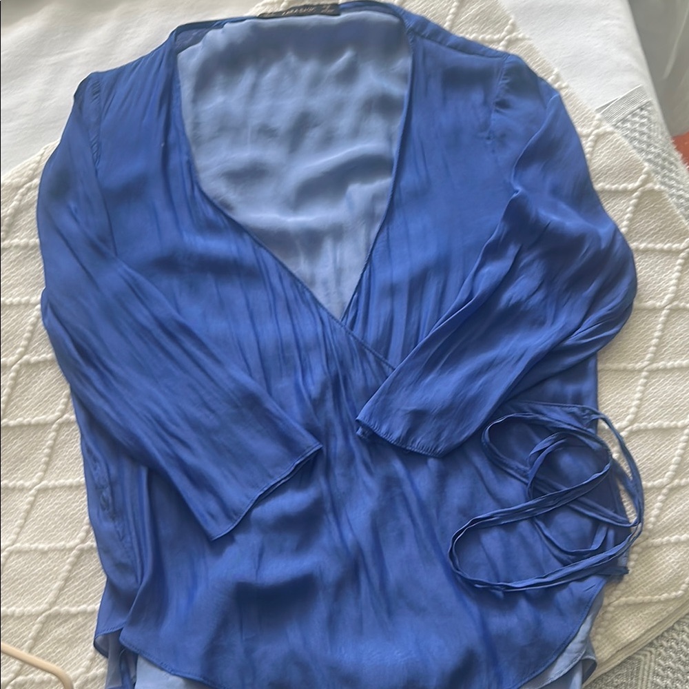Zara Blue Wrap Tie Front Blouse